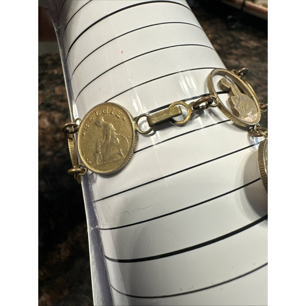 Vintage Coin Bracelet Old Belgium Cut Out Currency 1930 Hook Clasp 7.25 In. - Picture 2 of 6
